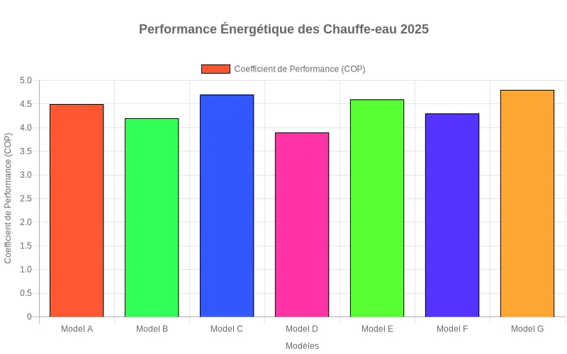 Bar chart comparatif des coefficients de performance (COP) des 7 modèles de chauffe-eau thermodynamiques testés.