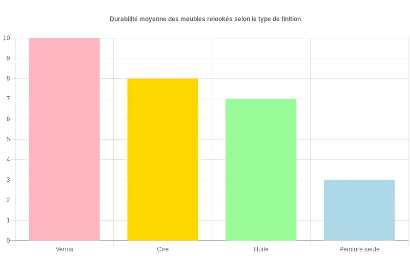 Diagramme en barres montrant la durabilité moyenne de meubles relookés selon la finition  :  vernis, cire, huile, peinture sans protection