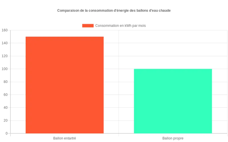 Comparaison énergétique entre un ballon d'eau chaude entartré et un ballon propre, montrant l'augmentation de consommation en kWh.