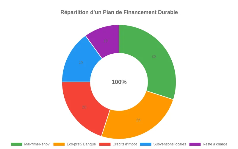 Financement Rénovation Durable décomposé. Ce camembert, un puzzle d'aides et de la part ménage pour les travaux.