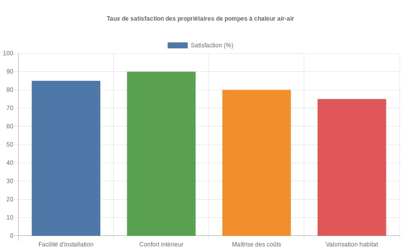 Diagramme en barres affichant le taux de satisfaction des propriétaires ayant installé une pompe à chaleur air air selon divers critères.