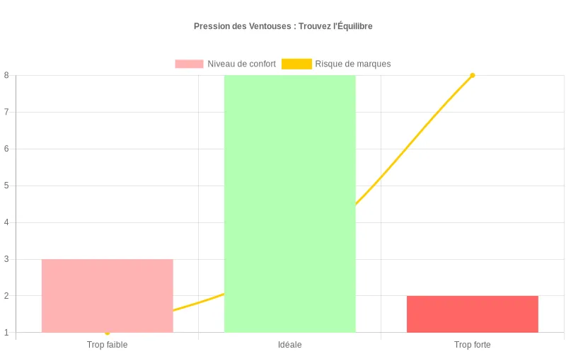 Représentation d’un mixed chart montrant zone idéale d’aspiration, équilibre entre confort optimal, efficacité et prévention des marques visibles Mixed chart combinant barres et courbe indiquant niveaux de pression d’aspiration, confort perçu et risques de marques