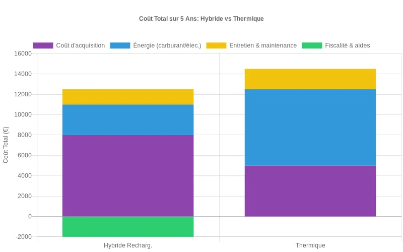 Comparaison TCO sur 5 ans entre hybride rechargeable et thermique pour 15 000 km annuels