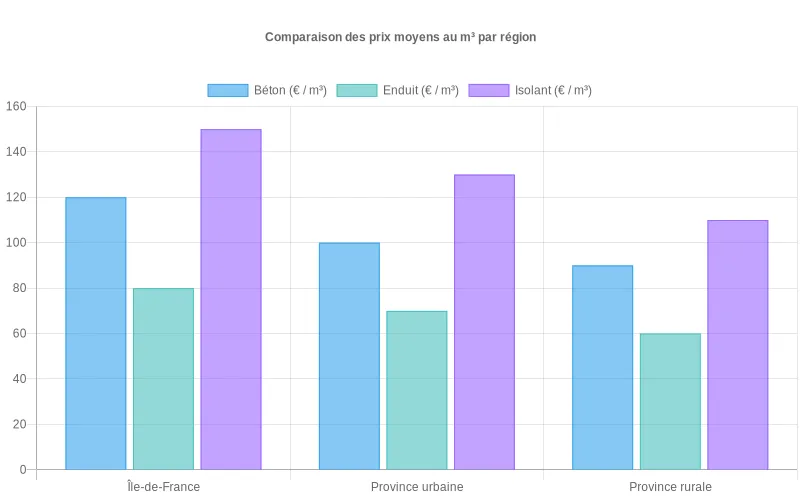 Comparaison des tarifs au m³ de béton, enduit et isolant en Île-de-France, Province urbaine et rurale