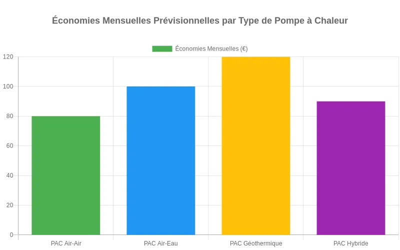 Diagramme en barres comparant les économies mensuelles potentielles entre PAC air-eau, géothermique et hybride selon les calculs du simulateur. Bar chart montrant les économies mensuelles en euros pour PAC air-eau, géothermique et aérothermique selon le simulateur d'analyse comparative.