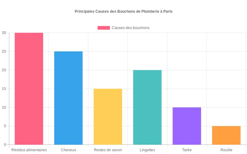 Représentation des causes fréquentes d’obstruction des canalisations à Paris avec des barres pour chaque type de déchet. Diagramme en barres présentant les principales causes de bouchons de plomberie à Paris, comme résidus alimentaires, cheveux et savon.