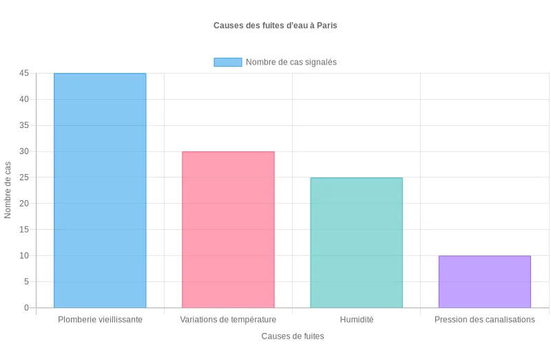 Bar chart montrant les principales causes des fuites d’eau dans les logements à Paris selon les signalements.
