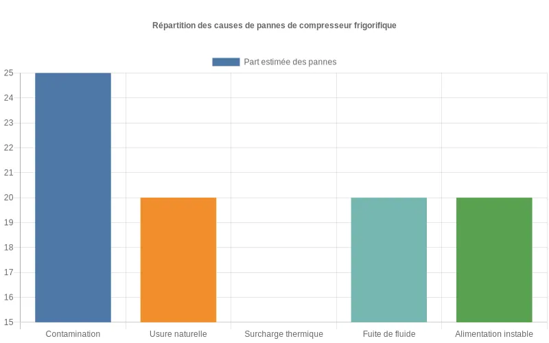 Répartition des causes de pannes de compresseur frigorifique en pourcentages