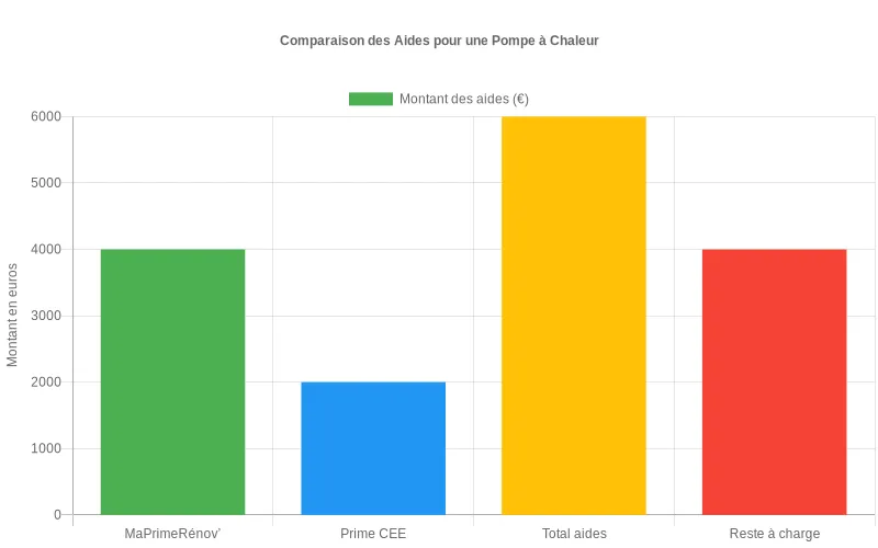 Représentation des montants MaPrimeRénov’, prime CEE, total des aides et reste à charge pour l’installation d’une pompe à chaleur Bar chart montrant les montants MaPrimeRénov’, prime CEE, total des aides et reste à charge pour une pompe à chaleur