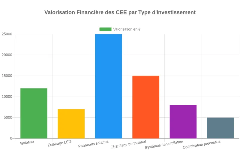 Bar chart comparatif des valorisations financières des CEE selon les différents types d'investissements énergétiques
