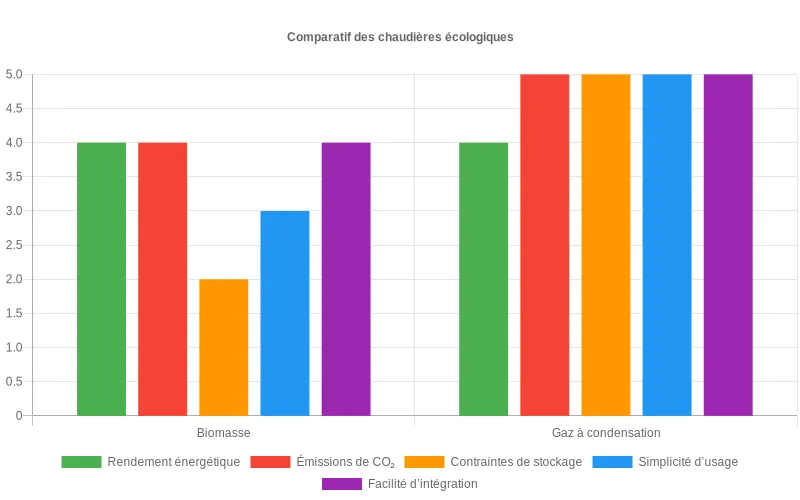 Comparaison visuelle des performances de chaudière biomasse et chaudière gaz vert selon rendement, CO₂, stockage, usage et intégration en rénovation