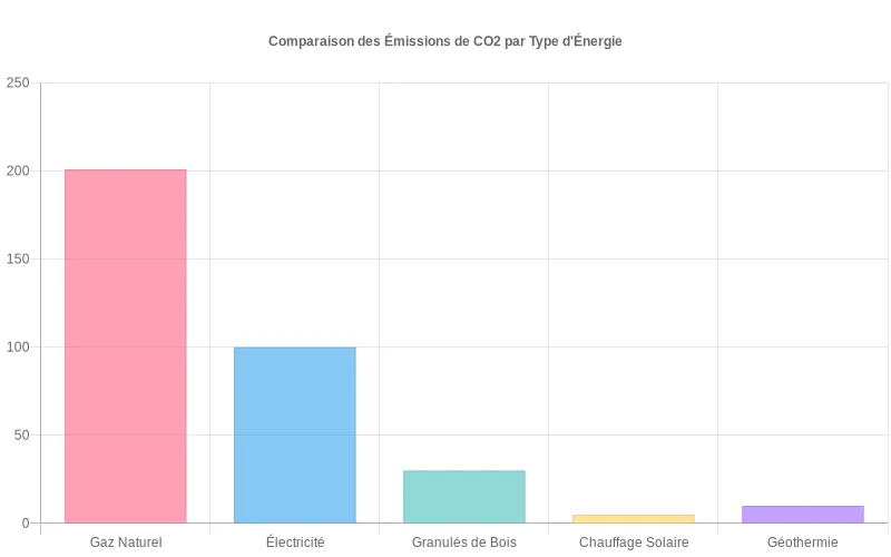 Bar chart comparatif des émissions de CO2 par source d'énergie montrant l'avantage écologique du chauffage naturel