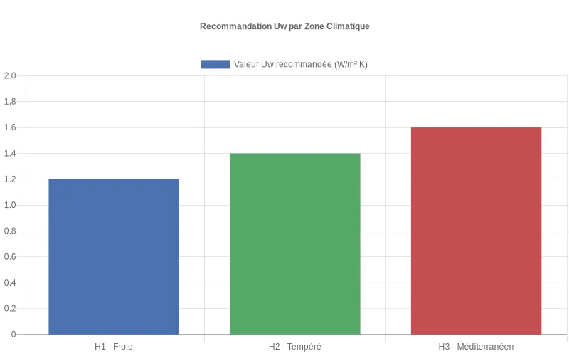 Comparaison des coefficients Uw recommandés pour les zones climatiques H1, H2 et H3 en France