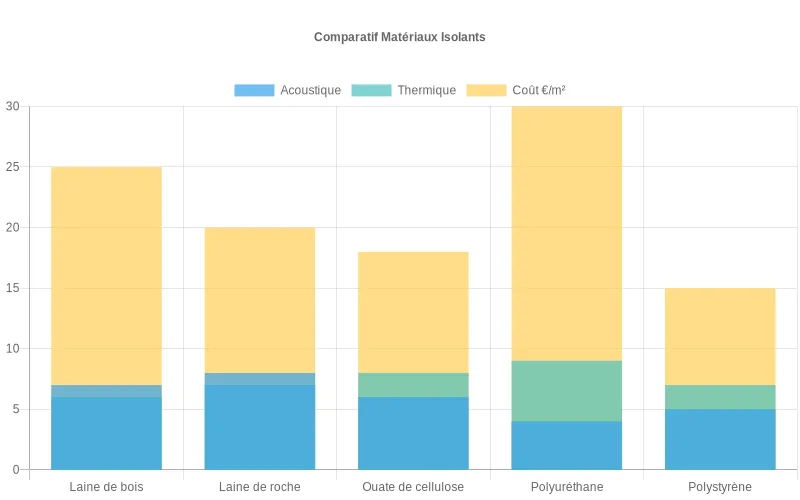 Comparaison de 5 isolants selon performance acoustique, thermique et coût au m²