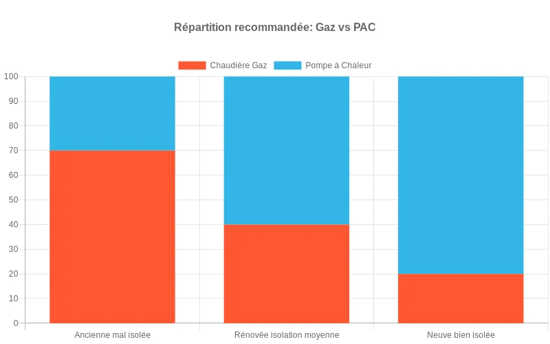 Bar chart montrant, pour trois types de maisons selon leur niveau d’isolation, la pertinence comparative entre chaudière gaz et pompe à chaleur en pourcentage