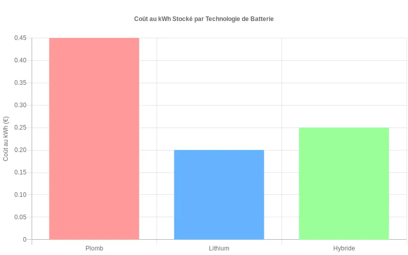 Bar chart comparant le coût au kWh stocké en €/kWh pour batteries Plomb, Lithium et Hybride à capacité utile identique