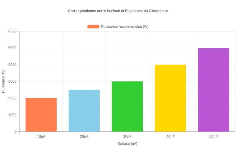 Bar chart comparant superficies de pièces (10-30m²) et puissances de climatiseurs (2000-2500W) pour choisir l'appareil adapté.