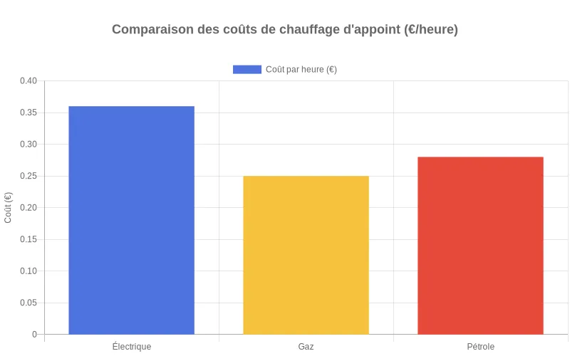 Comparaison des coûts horaires en euros entre chauffages électrique, gaz et pétrole à 2000 W