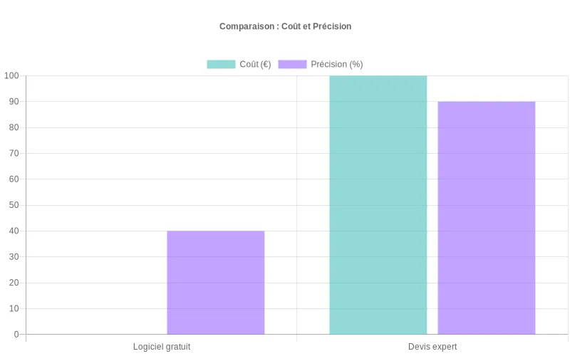 Comparaison entre logiciel gratuit et devis expert montrant coût versus précision