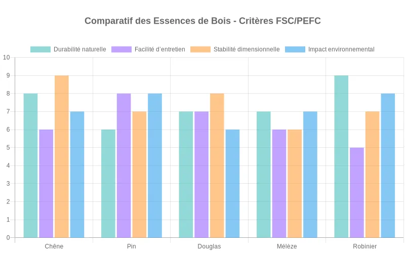 Diagramme en barres comparant chêne, pin, douglas, mélèze et robinier sur durabilité, entretien, stabilité et impact environnemental