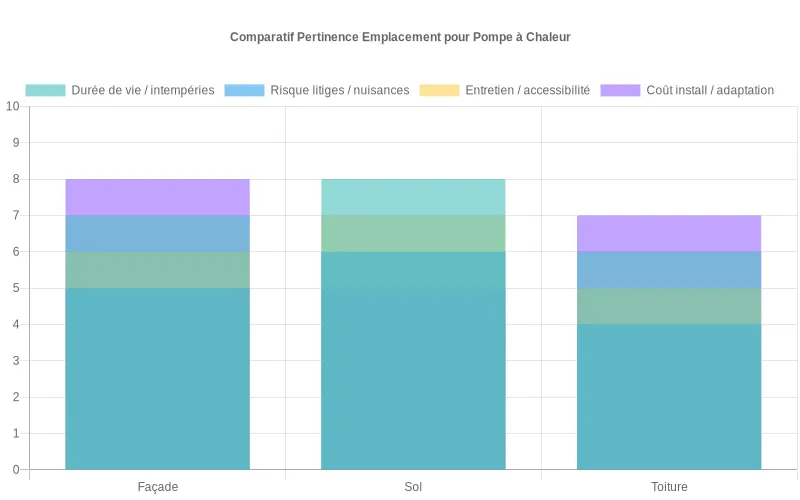Représentation des scores de pertinence façade, sol, toiture pour durée de vie, risques, facilité d’entretien et coût, afin d’aider un bailleur à choisir l’emplacement adapté Diagramme en barres comparant façade, sol et toiture selon durée de vie, risques de litige, entretien et coûts pour un bailleur