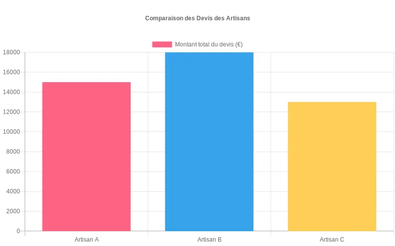 Comparaison des montants totaux en euros des devis proposés par trois artisans A, B et C