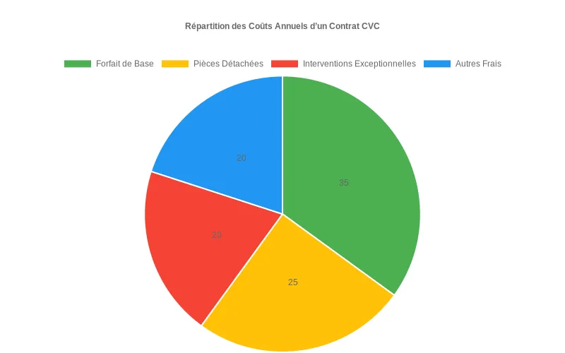 Répartition des coûts annuels d'un contrat de maintenance CVC entre forfait de base et prestations