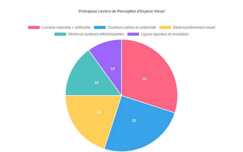 Cette représentation détaille les facteurs clés augmentant la perception d'espace visuel dans les petits logements.