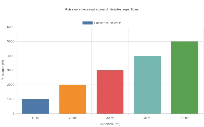 Bar Chart comparatif des puissances de climatisation en watts selon la surface en m² suivant la règle de 100W/m²