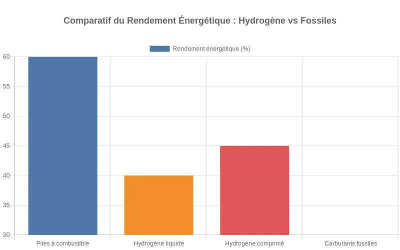 Bar chart comparatif du rendement énergétique  :  hydrogène vs carburants fossiles montrant l'écart de performance actuel