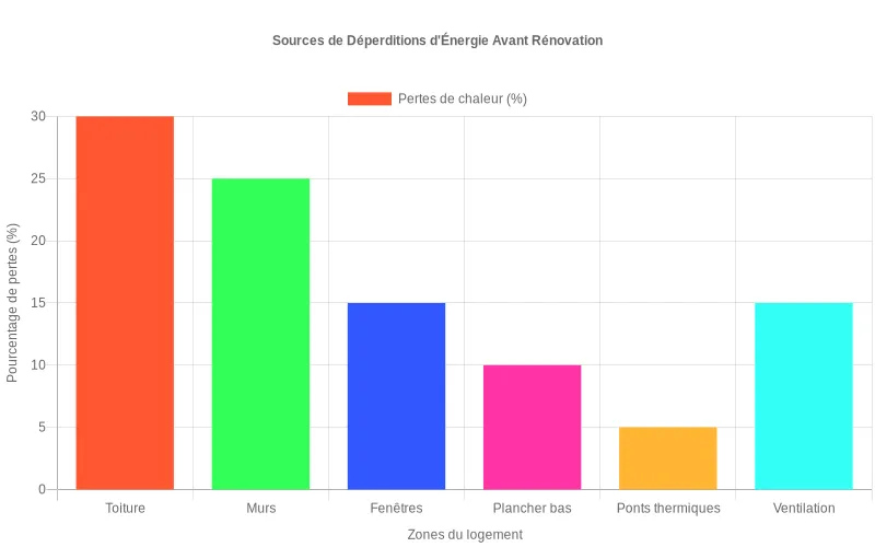 Diagramme des déperditions thermiques par zone dans une habitation non rénovée