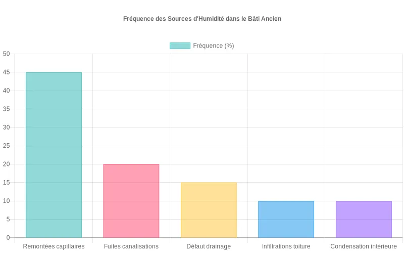 Comparaison en barres des sources d'humidité dans les bâtiments anciens selon leur fréquence