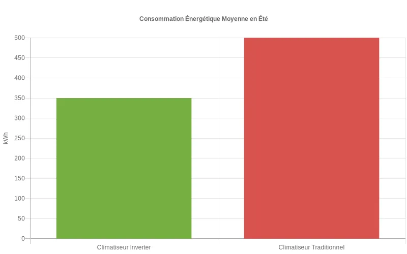 Comparaison de consommation énergétique en kWh : économies réalisées avec un climatiseur Daikin inverter vs modèle standard