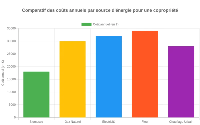 Diagramme en barres montrant les coûts énergétiques annuels (€) pour une copropriété consommant 300 MWh/an selon différentes sources d'énergie Comparaison économique des coûts annuels énergétiques entre biomasse, gaz et électricité pour une copropriété de 30 logements