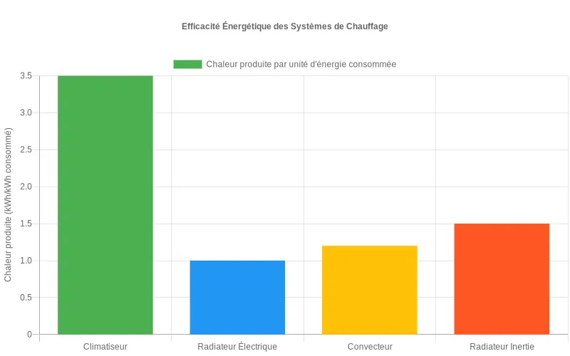 Comparaison d'efficacité entre climatiseurs réversibles et chauffages conventionnels - rendement énergétique par kWh consommé