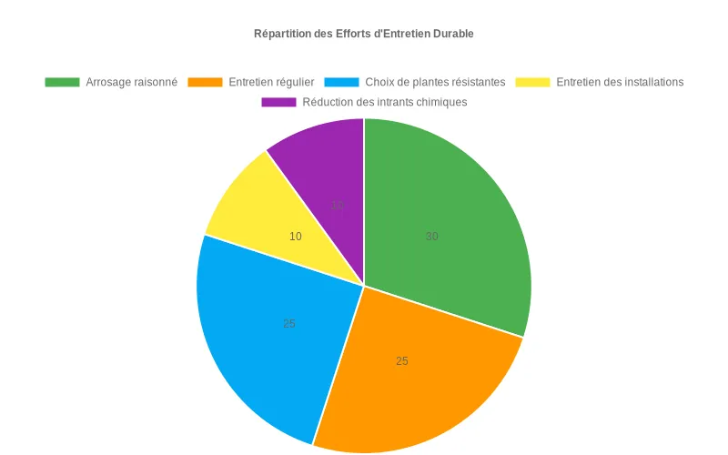 Schéma sectoriel détaillant les piliers essentiels pour un jardinage écologique, incluant eau, entretien, plantes, structures et réduction des intrants. Diagramme circulaire des efforts d'entretien durable : arrosage (30%), entretien régulier (25%), choix de plantes (25%), installations (10%), intrants chimiques (10%).