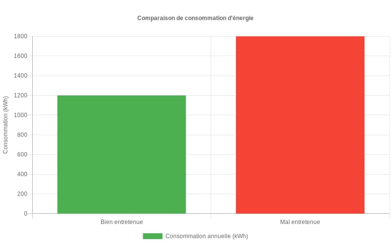 Consommation d'énergie comparée entre une pompe à chaleur bien entretenue et une mal entretenue.