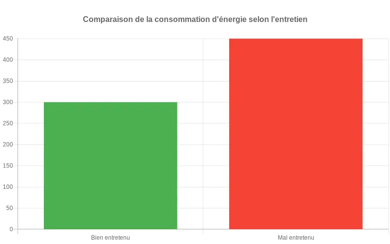 Comparaison annuelle des consommations énergétiques entre climatiseurs entretenus et négligés montrant des économies significatives.