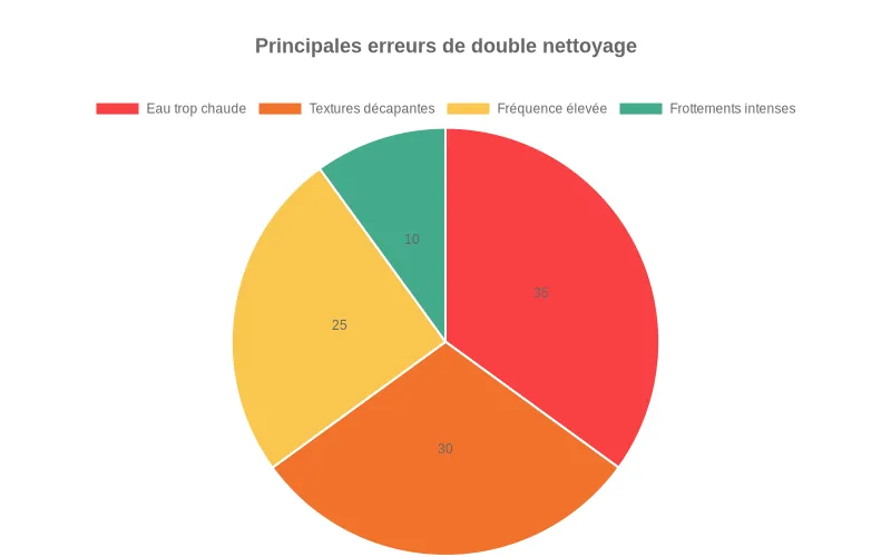 Camembert montrant les principales erreurs de double nettoyage  :  eau trop chaude, produits décapants, fréquence excessive et frottements agressifs