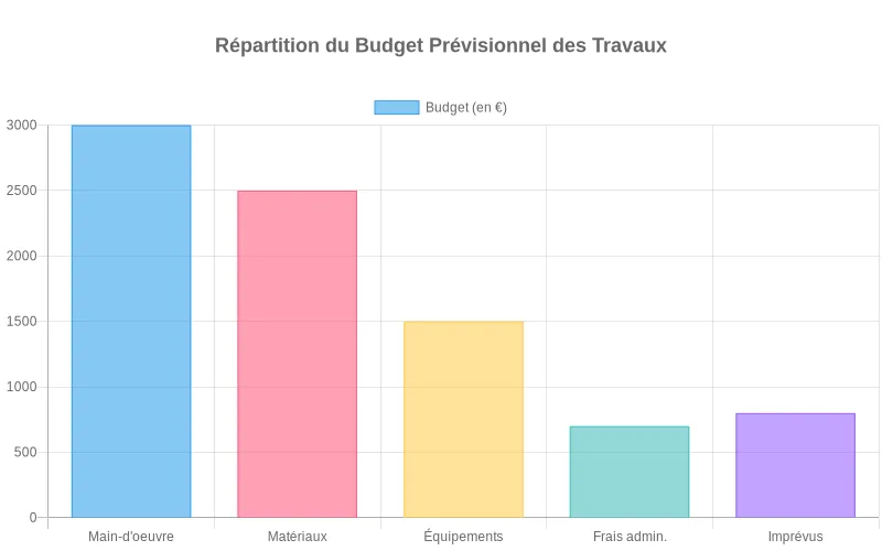 Diagramme en barres détaillant les postes budgétaires  :  personnel, matériaux, équipements et imprévus