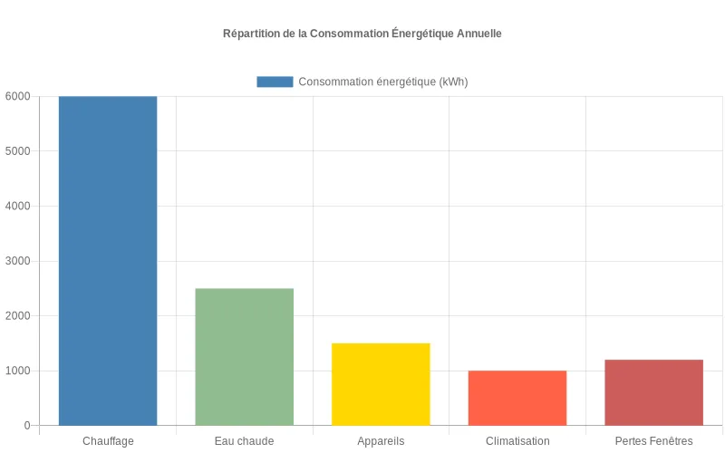 Répartition énergétique annuelle d'un logement avec fenêtres représentant 10-15% des pertes