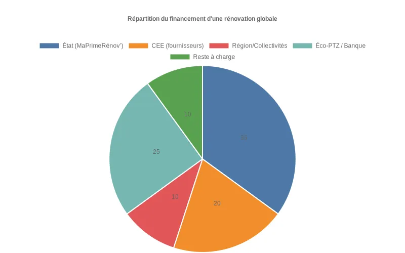Camembert montrant la répartition du financement d’une rénovation globale de 40 000 € et la faible part réellement payée