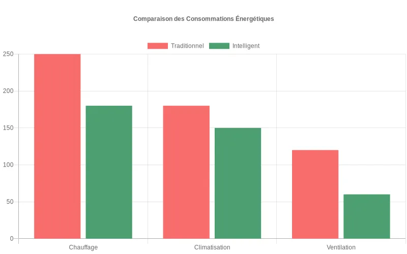 Analyse comparative des dépenses énergétiques : bâtiment standard vs bâtiment équipé d'un système de ventilation intelligent, détaillée par poste. Bar chart comparant les consommations d'énergie entre ventilation classique et intelligente, avec détail des postes chauffage, climatisation et ventilation.
