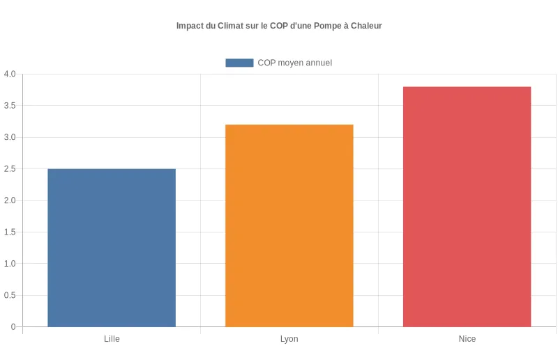 Diagramme en barres montrant le COP annuel d’une pompe à chaleur à Lille 2,5, Lyon 3,2 et Nice 3,8, pour comparer l’impact du climat sur le rendement