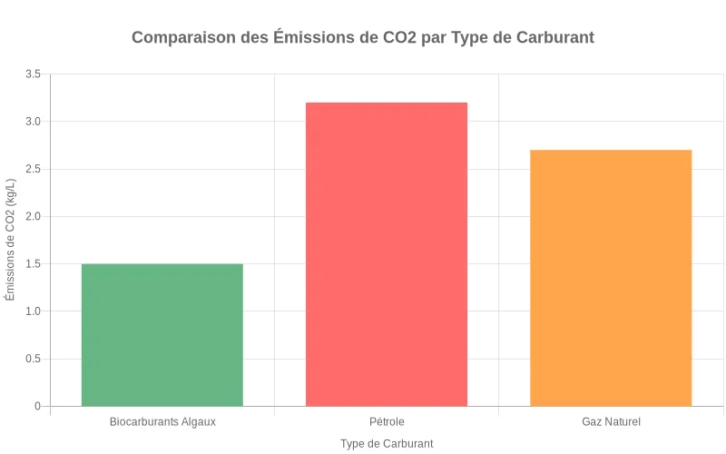 Comparaison des émissions de CO2 par type de carburant montrant l'avantage écologique des biocarburants algaux vs combustibles fossiles