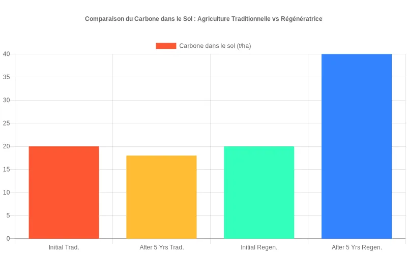 Visualisation par barres montrant l'augmentation du carbone séquestré dans les sols régénérés vs la diminution dans les sols en agriculture intensive. Comparaison des niveaux de carbone entre sols cultivés traditionnellement et en agriculture régénératrice sur plusieurs années.