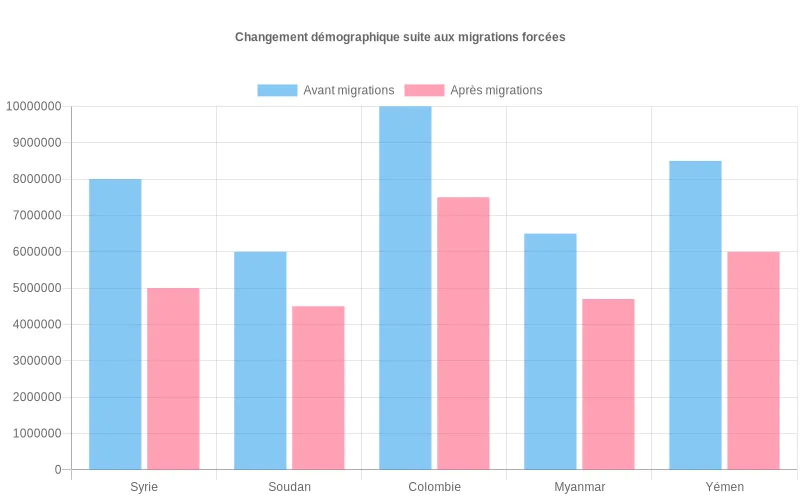 Bar chart visualisant le déclin de la population active dans les pays d'origine suite aux migrations forcées, révélant les déséquilibres démographiques résultants. Comparaison démographique avant/après migrations forcées montrant la réduction de population active dans les pays sources.