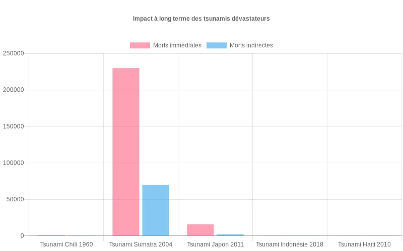 Diagramme à barres montrant le contraste entre victimes directes post-tsunami et décès ultérieurs liés aux séquelles sanitaires et psychologiques Comparaison statistique des décès immédiats versus tardifs suite aux cinq tsunamis majeurs et leurs effets secondaires