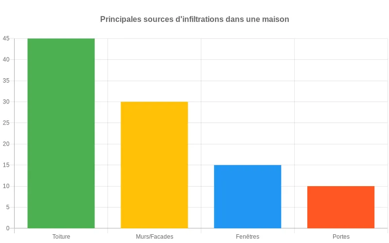 Bar chart comparant toiture, murs, fenêtres et portes comme principales sources d’infiltrations d’eau dans une maison