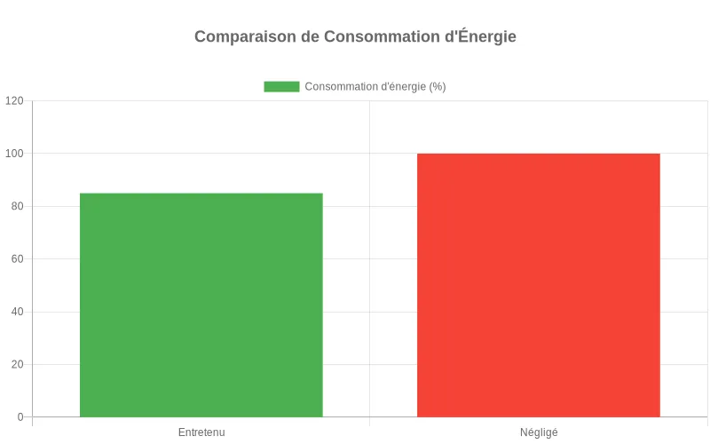 Bar chart comparant l'efficacité énergétique  :  ventilateur entretenu consomme 30% moins d'énergie que son équivalent négligé.
